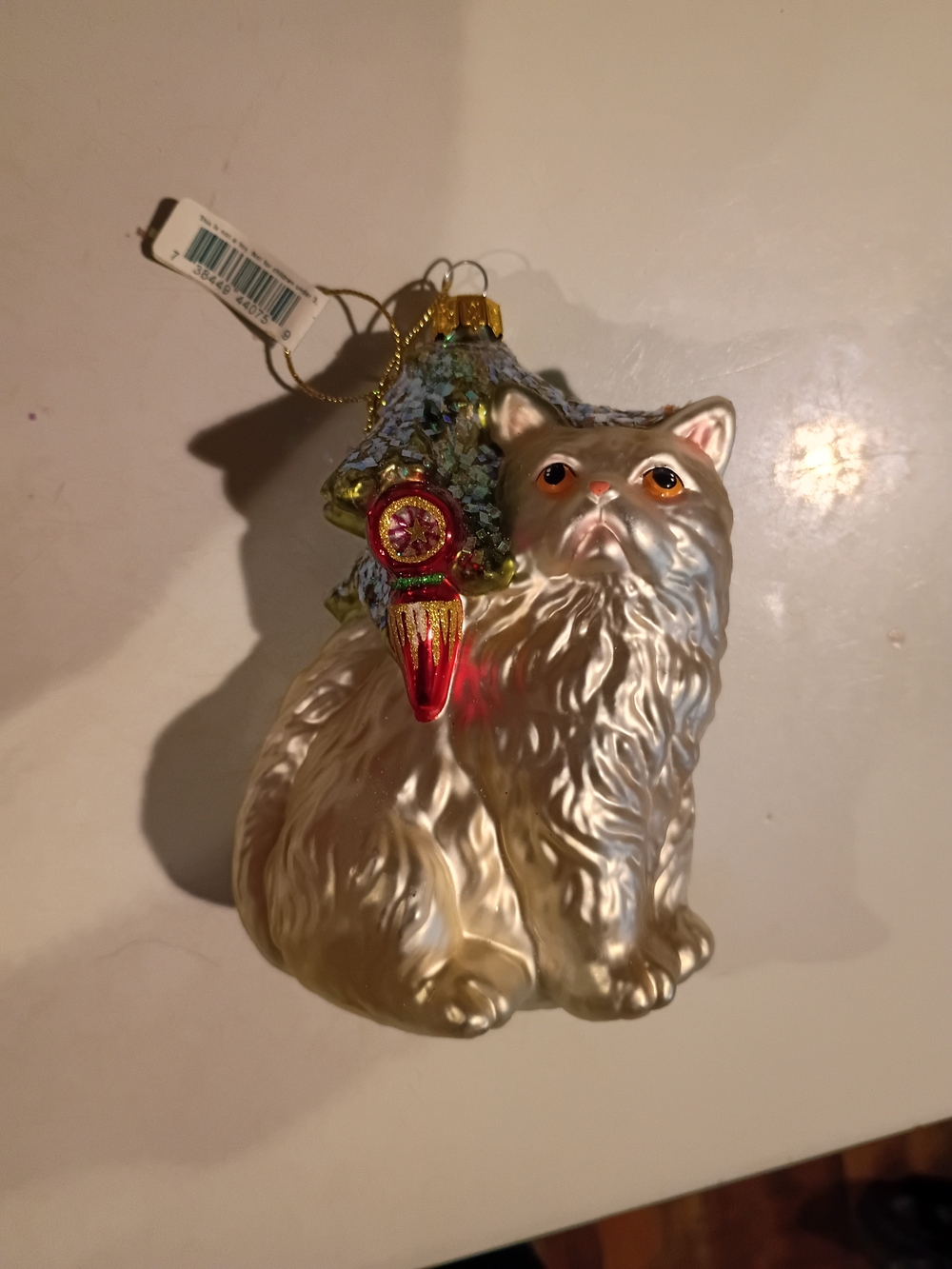 Glass Persian Cat Ornament in Pearl White